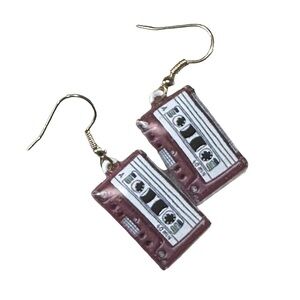 Metal Retro Maroon Cassette Tape Drop Style Earrings